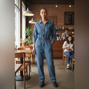 Vtg 90’s Casual Blue Denim Jumpsuit Zippers Relaxed Fit S